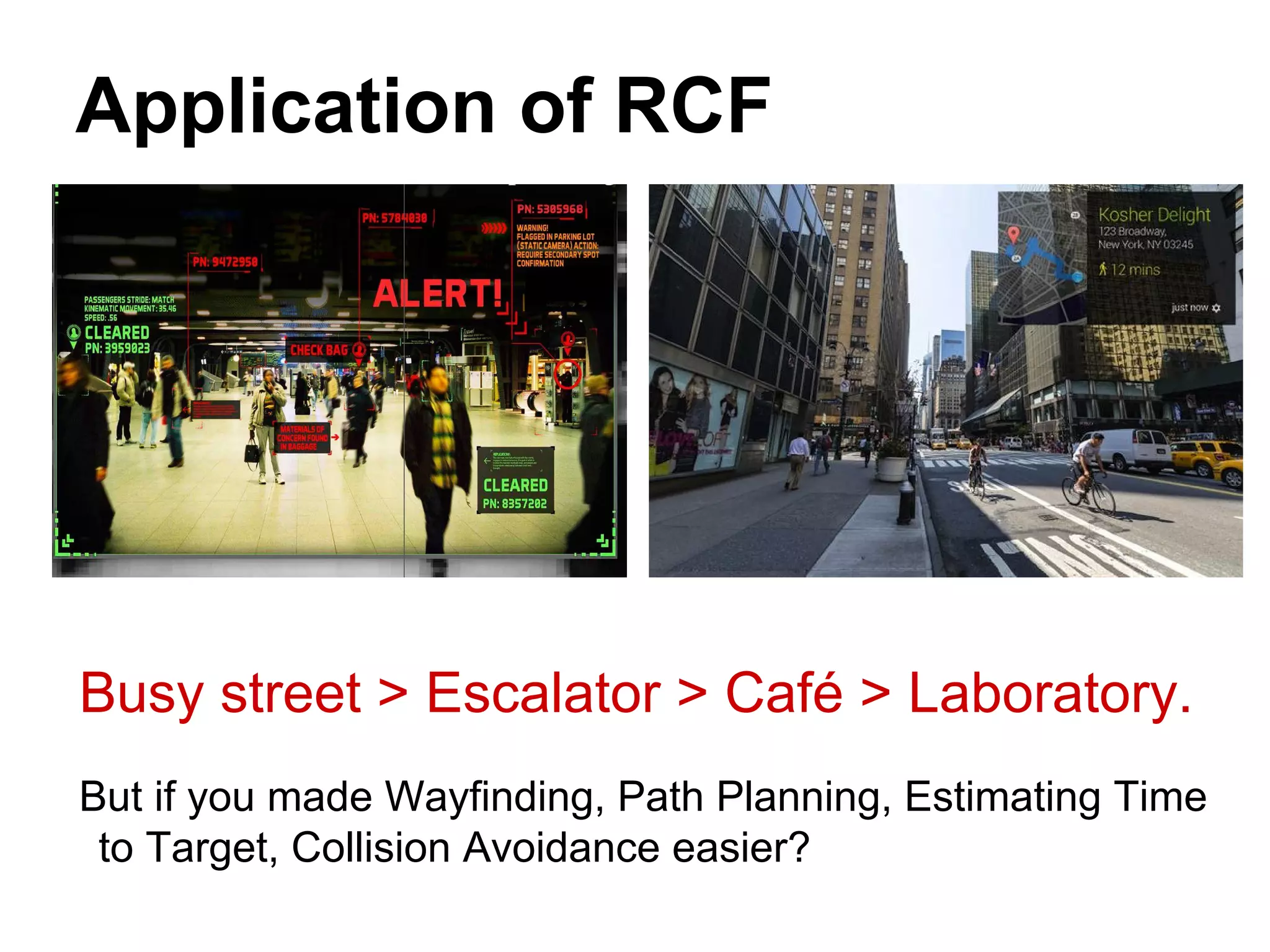 Application of RCF
Busy street > Escalator > Café > Laboratory.
But if you made Wayfinding, Path Planning, Estimating Time
to Target, Collision Avoidance easier?
 