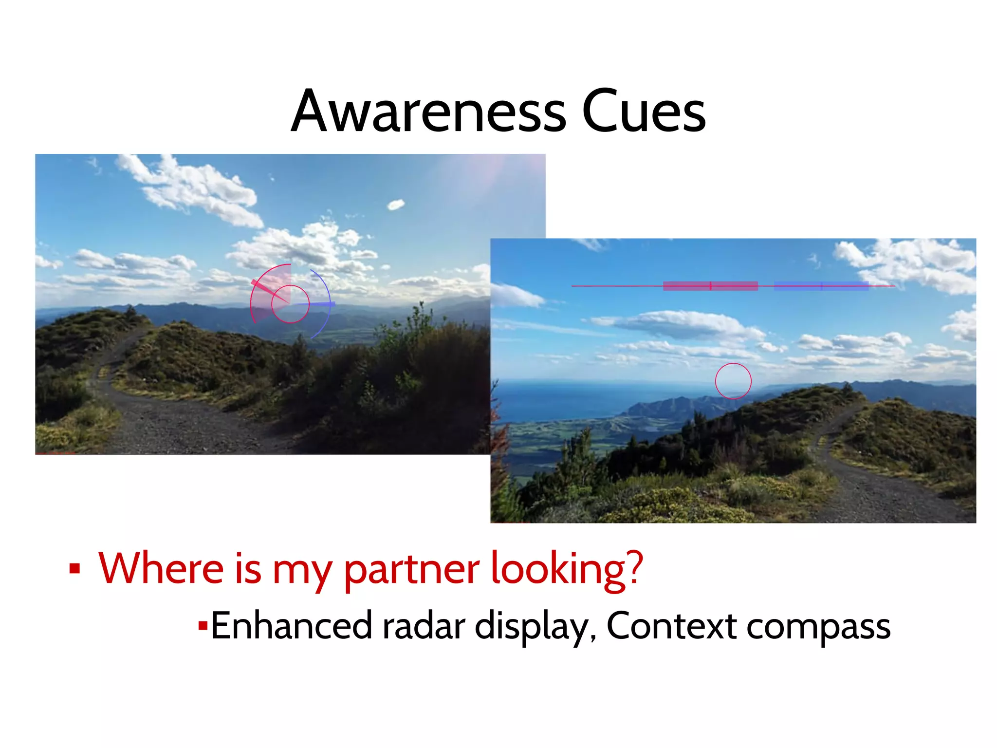 Awareness Cues
▪ Where is my partner looking?
▪Enhanced radar display, Context compass
 
