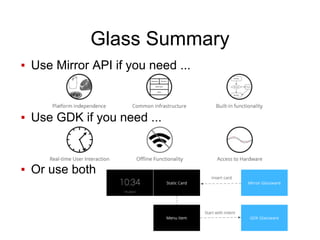 Glass Summary
▪ Use Mirror API if you need ...
▪ Use GDK if you need ...
▪ Or use both
 