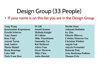 Design Group (33 People)
▪ If your name is on this list you are in the Design Group
Yang Wang
Konstantino Kapetaneas
Preethi Srinivas
Tony James
Kate Vogt
Aneesh Tarun
Josh Andres
Maria Maimó
Bram Reurings
Luke Mill
Tuck-Voon How
M Gill
Janaki Kumar
Melinda Knight
M Calkins
Mike Tissenbaum
Samantha Tse
Kal McDowd
Adora Tam
Oscar Meruvia
Mike Chen
Anita Hoechtl
Merlin Stone
Ashoomi Dohlakia
Icy Zhu
Zdenek Mikovec
Cristina Manresa-Yee
Christian Winkler
Angela Noh
Amyris Fernandez
Deborah Ptak
Arne Renkema-Padmos
Thomas Fritz
 