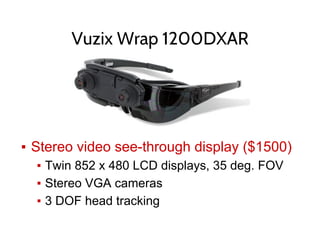 Vuzix Wrap 1200DXAR
▪ Stereo video see-through display ($1500)
▪ Twin 852 x 480 LCD displays, 35 deg. FOV
▪ Stereo VGA cameras
▪ 3 DOF head tracking
 