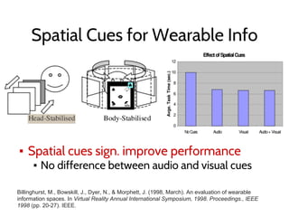 Spatial Cues for Wearable Info
Billinghurst, M., Bowskill, J., Dyer, N., & Morphett, J. (1998, March). An evaluation of wearable
information spaces. In Virtual Reality Annual International Symposium, 1998. Proceedings., IEEE
1998 (pp. 20-27). IEEE.
▪ Spatial cues sign. improve performance
▪ No difference between audio and visual cues
 