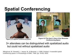 Spatial Conferencing
3+ attendees can be distinguished with spatialized audio
but could not without spatialized audio
Billinghurst, M., Bowskill, J., Jessop, M., & Morphett, J. (1998, October). A wearable spatial
conferencing space. In Proceedings of ISWC, 1998. (pp. 76-83). IEEE.
 