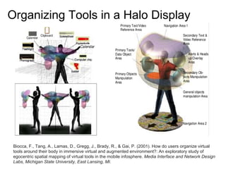 Organizing Tools in a Halo Display
Biocca, F., Tang, A., Lamas, D., Gregg, J., Brady, R., & Gai, P. (2001). How do users organize virtual
tools around their body in immersive virtual and augmented environment?: An exploratory study of
egocentric spatial mapping of virtual tools in the mobile infosphere. Media Interface and Network Design
Labs, Michigan State University, East Lansing, MI.
 