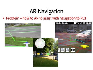AR Navigation
▪ Problem – how to AR to assist with navigation to POI
 