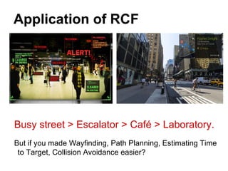 Application of RCF
Busy street > Escalator > Café > Laboratory.
But if you made Wayfinding, Path Planning, Estimating Time
to Target, Collision Avoidance easier?
 