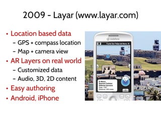 2009 - Layar (www.layar.com)
• Location based data
– GPS + compass location
– Map + camera view
• AR Layers on real world
– Customized data
– Audio, 3D, 2D content
• Easy authoring
• Android, iPhone
 