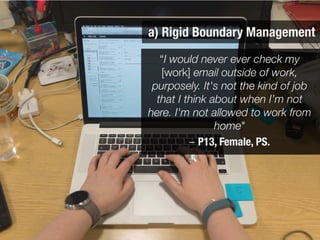 “I would never ever check my
[work] email outside of work,
purposely. It's not the kind of job
that I think about when I’m not
here. I'm not allowed to work from
home" 
– P13, Female, PS. 

a) Rigid Boundary Management
 