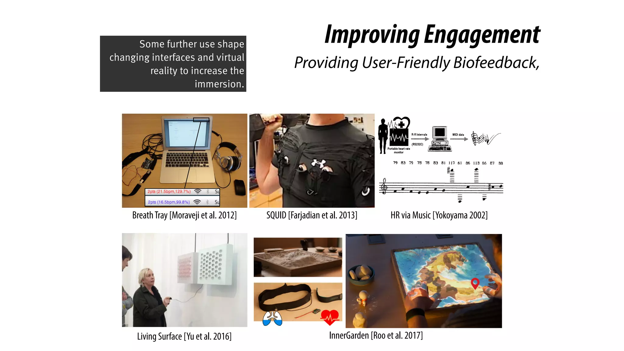 HR via Music [Yokoyama 2002]SQUID [Farjadian et al. 2013]
Living Surface [Yu et al. 2016]
BreathTray [Moraveji et al. 2012]
InnerGarden [Roo et al. 2017]
ImprovingEngagement
Providing User-Friendly Biofeedback,
Some further use shape
changing interfaces and virtual
reality to increase the
immersion.
 