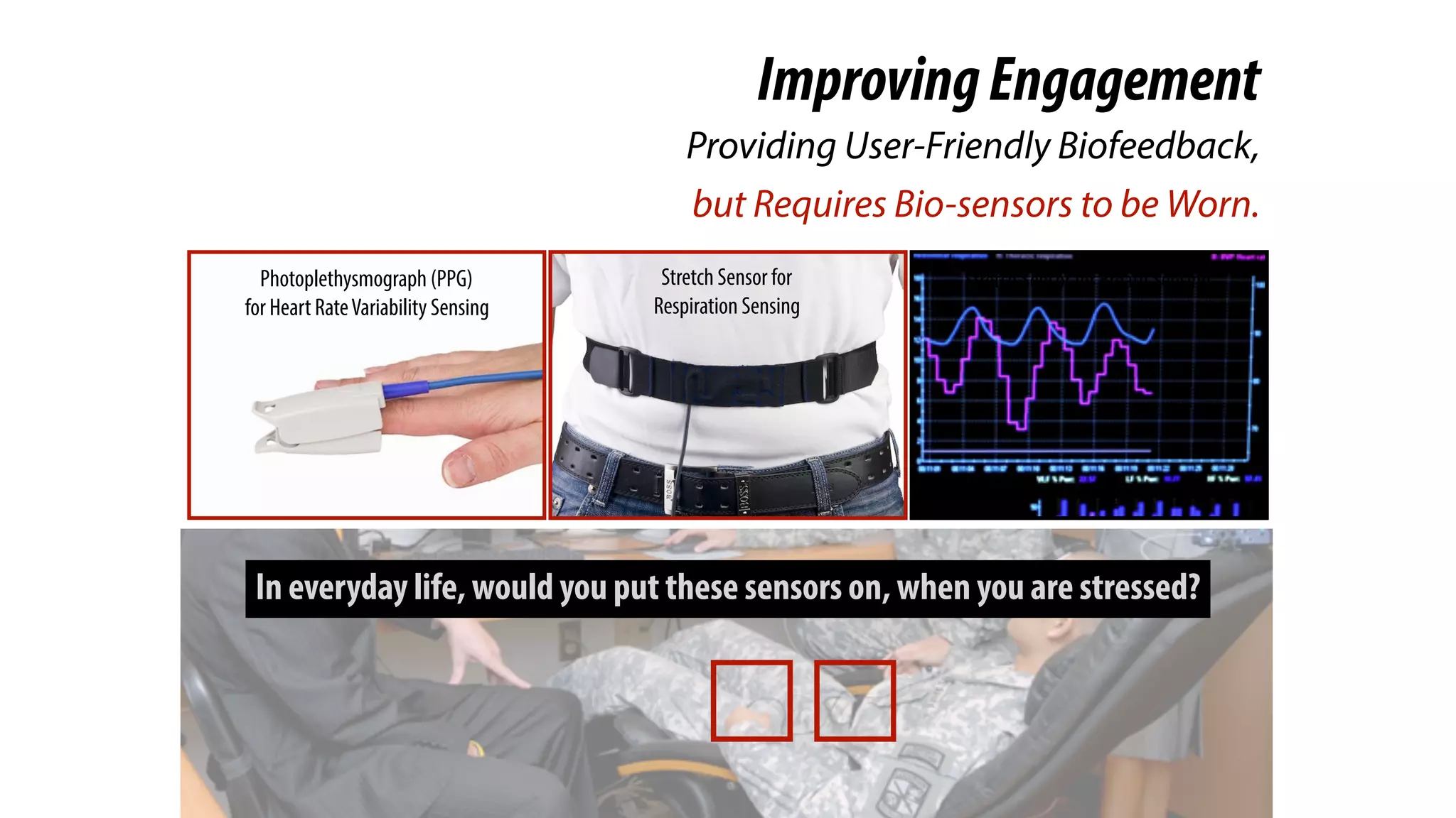 ImprovingEngagement
Photoplethysmograph (PPG)
for Heart RateVariability Sensing
Stretch Sensor for
Respiration Sensing
Stretch Sensor for Breath Sensing
Providing User-Friendly Biofeedback,
but Requires Bio-sensors to be Worn.
In everyday life, would you put these sensors on, when you are stressed?
 
