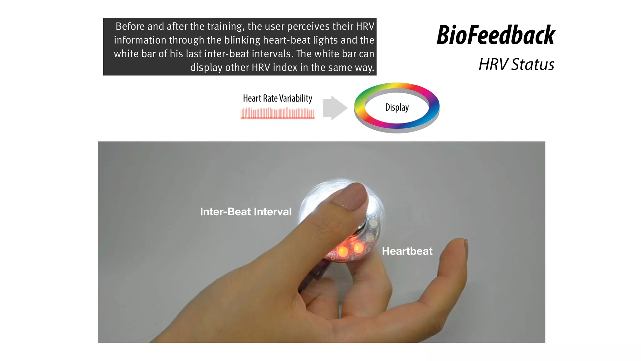 HRV Status
BioFeedback
Display
Heart RateVariability
Inter-Beat Interval
Heartbeat
Before and after the training, the user perceives their HRV
information through the blinking heart-beat lights and the
white bar of his last inter-beat intervals. The white bar can
display other HRV index in the same way.
 