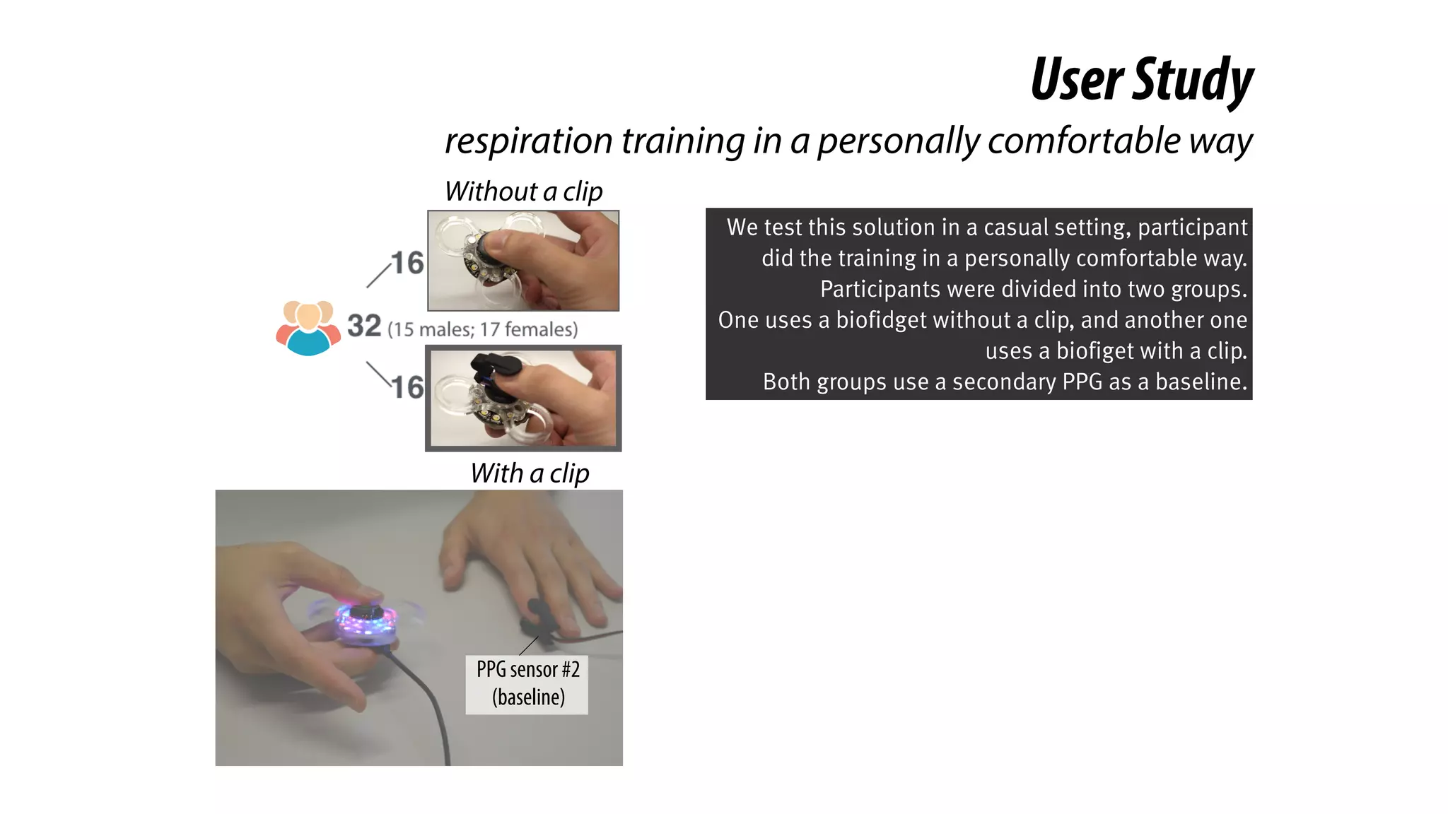 UserStudy
PPG sensor #2
(baseline)
respiration training in a personally comfortable way
Without a clip
With a clip
We test this solution in a casual setting, participant
did the training in a personally comfortable way.
Participants were divided into two groups.  
One uses a biofidget without a clip, and another one
uses a biofiget with a clip.
Both groups use a secondary PPG as a baseline.
 