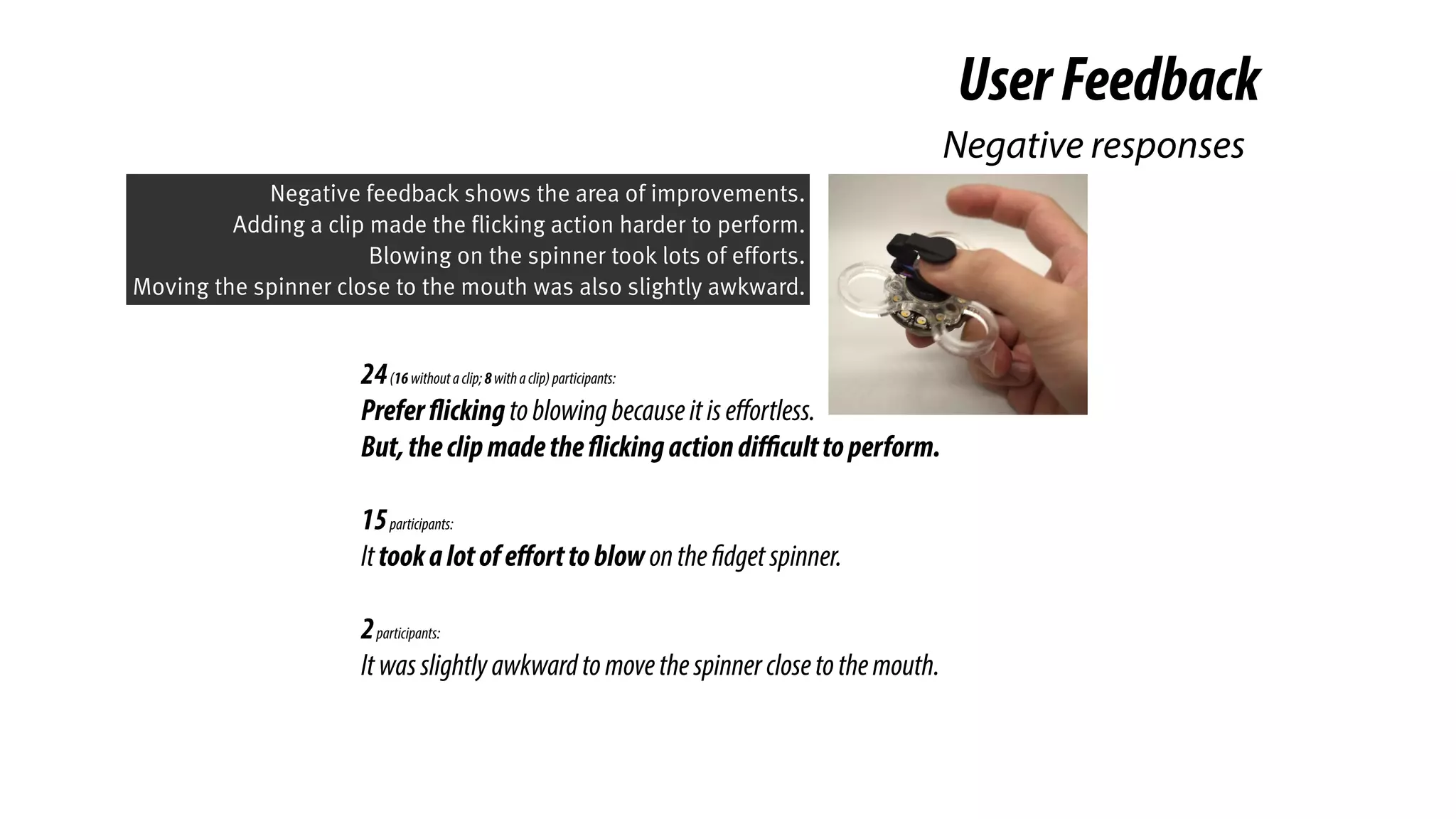 24(16withoutaclip;8withaclip)participants:
Preferflickingtoblowingbecauseitiseﬀortless.
But,theclipmadetheflickingactiondiﬃculttoperform.
15participants:
Ittookalotofeﬀorttoblowonthefidgetspinner.
2participants:
Itwasslightlyawkwardtomovethespinnerclosetothemouth.
UserFeedback
Negative responses
Negative feedback shows the area of improvements.
Adding a clip made the flicking action harder to perform.
Blowing on the spinner took lots of efforts.
Moving the spinner close to the mouth was also slightly awkward.
 