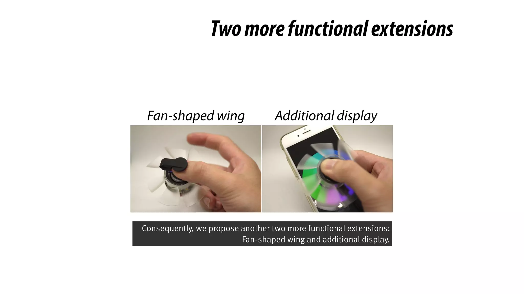 Twomorefunctionalextensions
Fan-shaped wing Additional display
Consequently, we propose another two more functional extensions:
Fan-shaped wing and additional display.
 