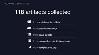 118 artifacts collected
from social media outlets
CORPUS GENERATION
45
from practitioner blogs40
from news outlets19
from personal product interactions10
from darkpatterns.org4
 