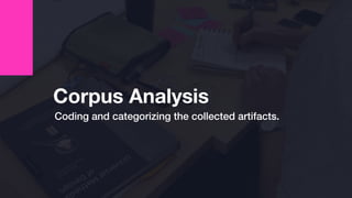 Corpus Analysis
Coding and categorizing the collected artifacts.
 