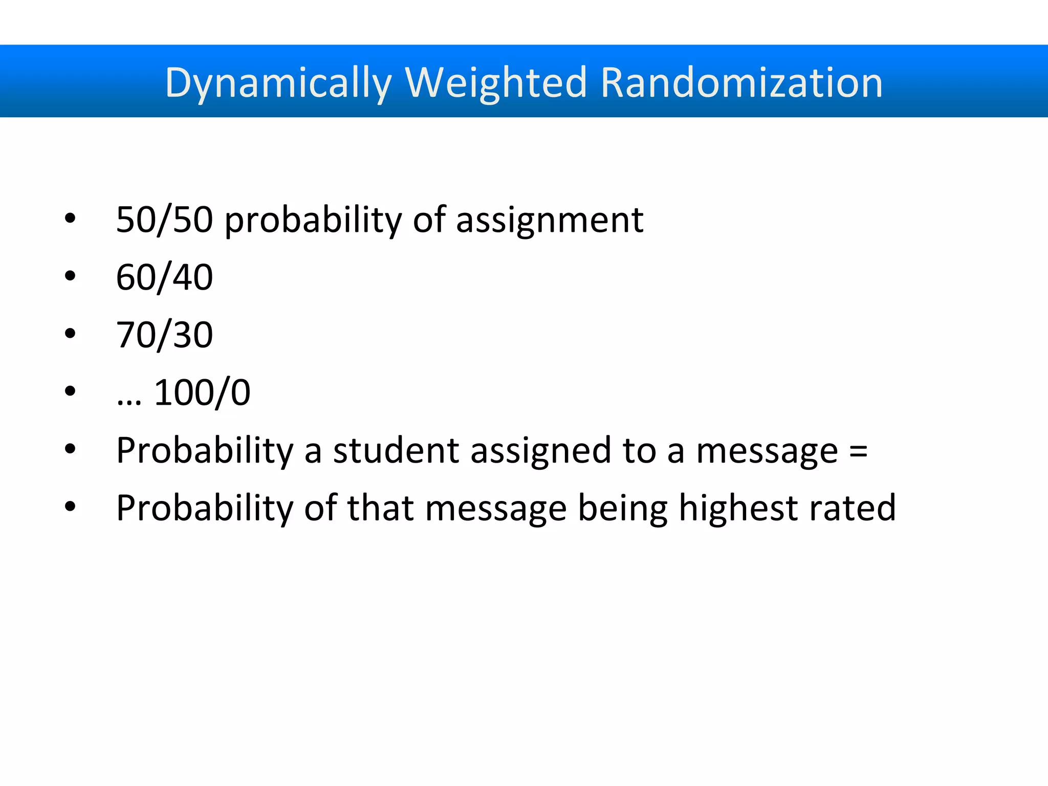Dynamically Weighted Randomization
• 50/50 probability of assignment
• 60/40
• 70/30
• … 100/0
• Probability a student assigned to a message =
• Probability of that message being highest rated
 
