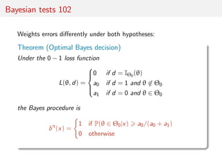 Bayesian tests 102
Weights errors diﬀerently under both hypotheses:
Theorem (Optimal Bayes decision)
Under the 0 − 1 loss ...