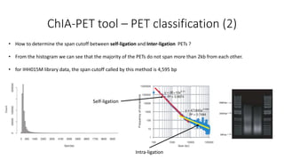 ChIA-PET tool – PET classification (2)
• How to determine the span cutoff between self-ligation and Inter-ligation PETs ?
• From the histogram we can see that the majority of the PETs do not span more than 2kb from each other.
• for IHH015M library data, the span cutoff called by this method is 4,595 bp
Self-ligation
Intra-ligation
 