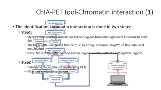 ChIA-PET tool-Chromatin interaction (1)
• The identification chromatin interaction is done in two steps:
• Step1:
• Identify ChIP enriched interaction anchor regions from inter-ligation PETs similar to ChIP-
Seq
• The tag length is extended from 5’ to 3’ by a “tag extension length” (in this data set it
was 200 bp)
• Note: Most of the Inter-ligation anchor regions overlap with the self-ligation regions
• Step2
• Determine the number of overlapping PETs.
• Filter-out random interactions.
 