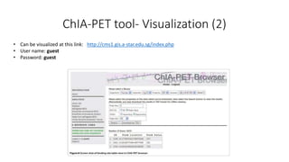 ChIA-PET tool- Visualization (2)
• Can be visualized at this link: http://cms1.gis.a-star.edu.sg/index.php
• User name: guest
• Password: guest
 