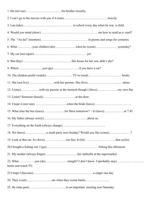 1. He (not see)…………………………….. his brother recently.
2. I can’t go to the movies with you if it (rain) …………………………………... heavily.
3. Lan (take)………………………………………… to school every day when he was a child.
4. Would you mind (show) ………………………………………………. me how to send an e- mail?
5. The “Ao dai” (mention)………………………………………. in poems and songs for centuries.
6. What ………..….your children (do)…………….…. when he (come)………………… yesterday?
7. My car (not repair)…………………………………………… yet.
8. She (buy)…………………………………..……. this house for her son, didn’t she?
9. Where …………………..you (go) …………………….if you have a car?
10. The children prefer (watch)…………………….. TV to (read) ………………………….. books.
11. She (not live)…………………….with her parents. She (live)…………………………..…alone.
12. I (stay)………………with my parents at the moment though I (have)………….……..my own flat.
13. Listen! Someone (knock)…………………………..at the door.
14. I hope it (not rain)…………………………..when the bride (leave)………………………………
15. What time the bus (leave)………………...for Dave tomorrow? - It (leave)………………..at 7.45
16. My father (always worry)…………………………………….about us.
17. Everything on the Earth (always change)……………………………………
18. We (have)…………………a small party next Sunday? Would you like (come)…………………?
19. Look at that car. It ( drive)…………………too fast. It (hit)…………………………that cyclist.
20.I bought a fishing rod. I (go)……………………………………………fishing this afternoon.
21. My mother (always forget)………..…………………her umbrella at the supermarket.
22. What ……………you (do)…………….……tonight?-I don’t know. I (probably stay)…....…………………
home and watch TV.
23.I hope I (become)…………………………………………………..a singer one day.
24. They (visit)…………………….me when they (come back)……………………
25. He (take part)………………………………in an important meeting next Saturday.
 
