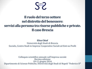 Ilruolodelterzosettore
neldistrettodelbenessere:
serviziallapersonatrarisorsepubblicheeprivate.
Ilcaso Brescia
Elisa Chiaf
Università degli Studi di Brescia
Socialis, Centro Studi in Imprese Cooperative Sociali ed Enti no Profit
Colloquio scientifico annuale sull’impresa sociale
Decima edizione
10-11 giugno 2016
Dipartimento di Scienze Politiche, Università degli Studi di Napoli “Federico II”
 