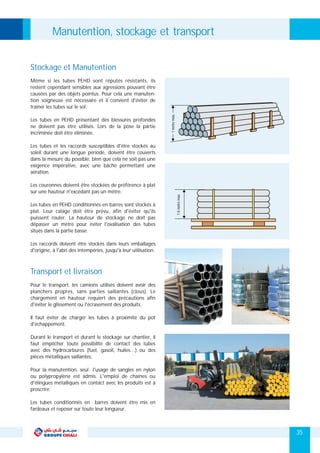 Manutention, stockage et transport
Stockage et Manutention
Même si les tubes PEHD sont réputés résistants, ils
restent cependant sensibles aux agressions pouvant être
causées par des objets pointus. Pour cela une manuten-
tion soigneuse est nécessaire et il convient d'éviter de
trainer les tubes sur le sol.
Les tubes en PEHD présentant des blessures profondes
ne doivent pas être utilisés. Lors de la pose la partie
incriminée doit être éliminée.
Les tubes et les raccords susceptibles d'être stockés au
soleil durant une longue période, doivent être couverts
dans la mesure du possible, bien que cela ne soit pas une
exigence impérative, avec une bâche permettant une
aération.
Les couronnes doivent être stockées de préférence à plat
sur une hauteur n'excédant pas un mètre.
Les tubes en PEHD conditionnés en barres sont stockés à
plat. Leur calage doit être prévu, afin d'éviter qu'ils
puissent rouler. La hauteur de stockage ne doit pas
dépasser un mètre pour éviter l'ovalisation des tubes
situés dans la partie basse.
Les raccords doivent être stockés dans leurs emballages
d'origine, à l'abri des intempéries, jusqu'à leur utilisation.
Transport et livraison
Pour le transport, les camions utilisés doivent avoir des
planchers propres, sans parties saillantes (clous). Le
chargement en hauteur requiert des précautions afin
d'éviter le glissement ou l'écrasement des produits.
Il faut éviter de charger les tubes à proximité du pot
d'échappement.
Durant le transport et durant le stockage sur chantier, il
faut empêcher toute possibilité de contact des tubes
avec des hydrocarbures (fuel, gasoil, huiles…) ou des
pièces métalliques saillantes.
Pour la manutention, seul l'usage de sangles en nylon
ou polypropylène est admis. L'emploi de chaînes ou
d'élingues métalliques en contact avec les produits est à
proscrire.
Les tubes conditionnés en barres doivent être mis en
fardeaux et reposer sur toute leur longueur.
1mètremax.
1.0mètremax.
35
 