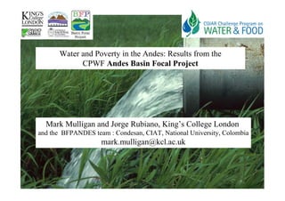 Water and Poverty in the Andes: Results from the
             CPWF Andes Basin Focal Project




  Mark Mulligan and Jorge Rubiano, King’s College London
and the BFPANDES team : Condesan, CIAT, National University, Colombia
                    mark.mulligan@kcl.ac.uk
 