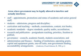 Areas where government may be legally allowed to interfere and
   actually interferes:
• staff – appointments, promotions and status of academic and senior general
  staff;
• students – admissions, progress and discipline;
• curriculum and teaching – methods, examinations, content, text books;
• academic standards – degree standards, quality audits, accreditation;
• research and publication – postgraduate teaching, priorities, freedom to
  publish;
• governance – councils, academic boards, students associations; and
• administration and finance – funding of institutions; operating grants,
  capital and equipment grants, one-off tasks, non-government funding,
  accountability arrangements. (Anderson, D and Johnson, R, 1988, p.1)


                                                                    CRICOS #00212K
 