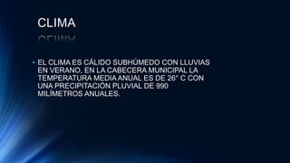 CLIMA
• EL CLIMA ES CÁLIDO SUBHÚMEDO CON LLUVIAS
EN VERANO, EN LA CABECERA MUNICIPAL LA
TEMPERATURA MEDIA ANUAL ES DE 26° C CON
UNA PRECIPITACIÓN PLUVIAL DE 990
MILÍMETROS ANUALES.
 