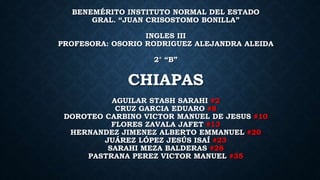 BENEMÉRITO INSTITUTO NORMAL DEL ESTADO
GRAL. “JUAN CRISOSTOMO BONILLA”
INGLES III
PROFESORA: OSORIO RODRIGUEZ ALEJANDRA ALEIDA
2° “B”
CHIAPAS
AGUILAR STASH SARAHI #2
CRUZ GARCIA EDUARO #8
DOROTEO CARBINO VICTOR MANUEL DE JESUS #10
FLORES ZAVALA JAFET #13
HERNANDEZ JIMENEZ ALBERTO EMMANUEL #20
JUÁREZ LÓPEZ JESÚS ISAÍ #23
SARAHI MEZA BALDERAS #28
PASTRANA PEREZ VICTOR MANUEL #35
 