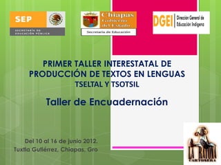 PRIMER TALLER INTERESTATAL DE
PRODUCCIÓN DE TEXTOS EN LENGUAS
TSELTAL Y TSOTSIL

Taller de Encuadernación

Del 10 al 16 de junio 2012.
Tuxtla Gutiérrez, Chiapas, Gro

 