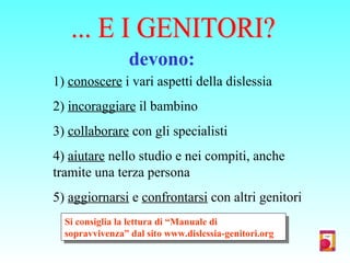 1) conoscere i vari aspetti della dislessia
2) incoraggiare il bambino
3) collaborare con gli specialisti
4) aiutare nello studio e nei compiti, anche
tramite una terza persona
5) aggiornarsi e confrontarsi con altri genitori
devono:
Si consiglia la lettura di “Manuale di
sopravvivenza” dal sito www.dislessia-genitori.org
Si consiglia la lettura di “Manuale di
sopravvivenza” dal sito www.dislessia-genitori.org
 