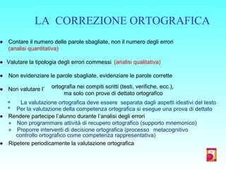 LA CORREZIONE ORTOGRAFICA
 Contare il numero delle parole sbagliate, non il numero degli errori
(analisi quantitativa)
 Valutare la tipologia degli errori commessi (analisi qualitativa)
 Non evidenziare le parole sbagliate, evidenziare le parole corrette
 Non valutare l’ ortografia nei compiti scritti (testi, verifiche, ecc.),
ma solo con prove di dettato ortografico
 La valutazione ortografica deve essere separata dagli aspetti ideativi del testo
 Per la valutazione della competenza ortografica si esegue una prova di dettato
 Rendere partecipe l’alunno durante l’analisi degli errori
 Non programmare attività di recupero ortografico (supporto mnemonico)
 Proporre interventi di decisione ortografica (processo metacognitivo
controllo ortografico come competenza rappresentativa)
 Ripetere periodicamente la valutazione ortografica
 