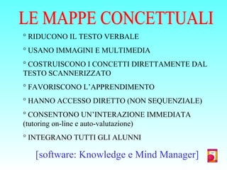 ° RIDUCONO IL TESTO VERBALE
° USANO IMMAGINI E MULTIMEDIA
° COSTRUISCONO I CONCETTI DIRETTAMENTE DAL
TESTO SCANNERIZZATO
° FAVORISCONO L’APPRENDIMENTO
° HANNO ACCESSO DIRETTO (NON SEQUENZIALE)
° CONSENTONO UN’INTERAZIONE IMMEDIATA
(tutoring on-line e auto-valutazione)
° INTEGRANO TUTTI GLI ALUNNI
[software: Knowledge e Mind Manager]
 