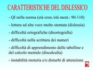 - QI nella norma (età cron./età ment.: 90-110)
- lettura ad alta voce molto stentata (dislessia)
- difficoltà ortografiche (disortografia)
- difficoltà nella scrittura dei numeri
- difficoltà di apprendimento delle tabelline e
del calcolo mentale (discalculia)
- instabilità motoria e/o disturbi di attenzione
 