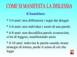 * 3-4 anni: non differenzia i segni dai disegni
* 5-6 anni: non individua i suoni di una parola
* 6-8 anni: non decodifica parole sconosciute,
evita di leggere, manifestando ansia
* 8-10 anni: indovina le parole usando strane
strategie di lettura, perde il senso di ciò che
legge
il bambino:
 