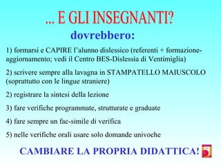 dovrebbero:
1) formarsi e CAPIRE l’alunno dislessico (referenti + formazione-
aggiornamento; vedi il Centro BES-Dislessia di Ventimiglia)
2) scrivere sempre alla lavagna in STAMPATELLO MAIUSCOLO
(soprattutto con le lingue straniere)
2) registrare la sintesi della lezione
3) fare verifiche programmate, strutturate e graduate
4) fare sempre un fac-simile di verifica
5) nelle verifiche orali usare solo domande univoche
CAMBIARE LA PROPRIA DIDATTICA!
 