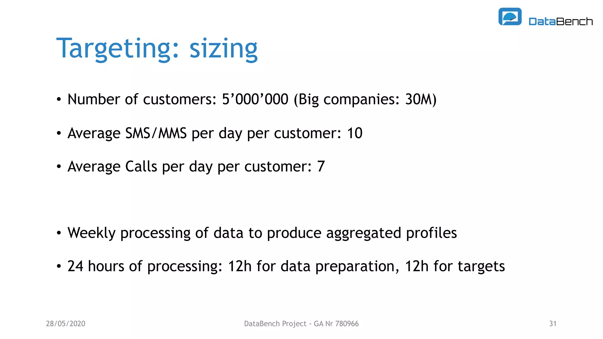Targeting: sizing
28/05/2020 DataBench Project - GA Nr 780966 31
• Number of customers: 5’000’000 (Big companies: 30M)
• Average SMS/MMS per day per customer: 10
• Average Calls per day per customer: 7
• Weekly processing of data to produce aggregated profiles
• 24 hours of processing: 12h for data preparation, 12h for targets
 