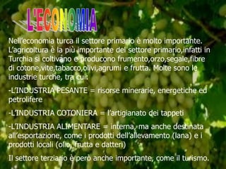 Nell’economia turca il settore primario è molto importante.
L’agricoltura è la più importante del settore primario,infatti in
Turchia si coltivano e producono frumento,orzo,segale,fibre
di cotone,vite,tabacco,olivi,agrumi e frutta. Molte sono le
industrie turche, tra cui:
-L’INDUSTRIA PESANTE = risorse minerarie, energetiche ed
petrolifere

-L’INDUSTRIA COTONIERA = l’artigianato dei tappeti
-L’INDUSTRIA ALIMENTARE = interna, ma anche destinata
all’esportazione, come i prodotti dell’allevamento (lana) e i
prodotti locali (olio, frutta e datteri)
Il settore terziario è però anche importante, come il turismo.

 