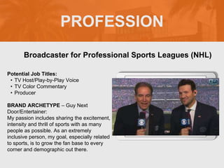 PROFESSION
Potential Job Titles:
• TV Host/Play-by-Play Voice
• TV Color Commentary
• Producer
BRAND ARCHETYPE – Guy Next
Door/Entertainer:
My passion includes sharing the excitement,
intensity and thrill of sports with as many
people as possible. As an extremely
inclusive person, my goal, especially related
to sports, is to grow the fan base to every
corner and demographic out there.
Broadcaster for Professional Sports Leagues (NHL)
Picture Relevant
to Your Industry
Goes Here
 