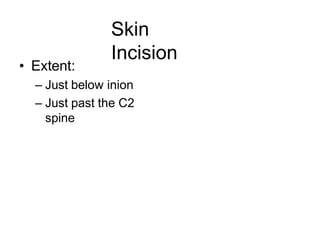 Skin
Incision
• Extent:
– Just below inion
– Just past the C2
spine
 