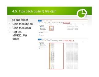 4.5. Tips cch qu?n l? file d?ch
T?o cc folder
? Chia theo d? n
? Chia theo n?m
? ??t tn:
MMDD_M?
ticket
 