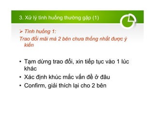 3. X? l? tnh hu?ng th??ng g?p (1)
? Tnh hu?ng 1:
Trao ??i m?i m 2 bn ch?a th?ng nh?t ???c ?
ki?n
? T?m d?ng trao ??i, xin ti?p t?c vo 1 lc
khc
? Xc ??nh khc m?c v?n ?? ? ??u
? Confirm, gi?i thch l?i cho 2 bn
 