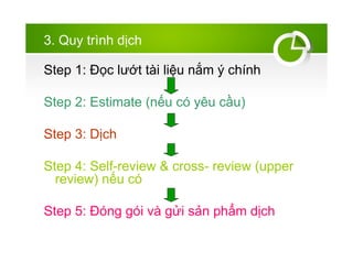 3. Quy trnh d?ch
Step 1: ??c l??t ti li?u n?m ? chnh
Step 2: Estimate (n?u c yu c?u)
Step 3: D?ch
Step 4: Self-review & cross- review (upper
review) n?u c
Step 5: ?ng gi v g?i s?n ph?m d?ch
 