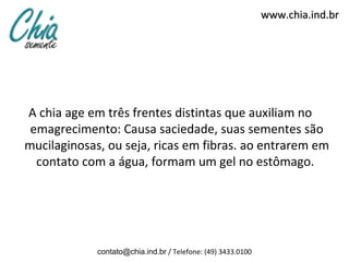 www.chia.ind.br




A chia age em três frentes distintas que auxiliam no
 emagrecimento: Causa saciedade, suas sementes são
mucilaginosas, ou seja, ricas em fibras. ao entrarem em
  contato com a água, formam um gel no estômago.




             contato@chia.ind.br / Telefone: (49) 3433.0100
 