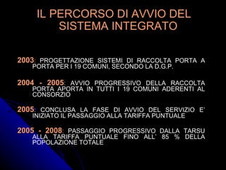 2003 :  PROGETTAZIONE SISTEMI DI RACCOLTA PORTA A PORTA PER I 19 COMUNI, SECONDO LA D.G.P.  2004 - 2005 :  AVVIO PROGRESSI...