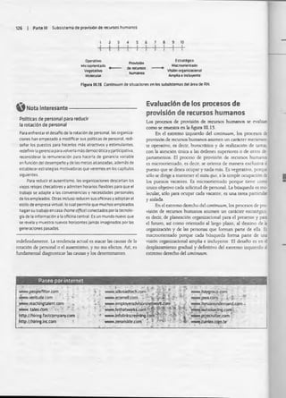 126 | Parte III Subsistem a de provisión de recursos hum anos
10
Operativo
Microorientado
Vegetativo
Molecular
Provisión
de recursos
humanos
Estratégico
Macreorientado
Visión organizacional
Amplia e incluyente
Figura 111.15 Continuum de situaciones en ios subsistemas del ¿rea de RH.
Nota interesante -
Políticas de personal para reducir
la rotación de personal
Para enfrentar el desafío de la rotación de personal, las organiza­
ciones han empezado a modificar sus políticas de personal, redi-
sefiar los puestos para hacerlos más atractivos y estimulantes,
redefinir la gerencia para volverla más democrática y participativa.
reconsiderar la remuneración para hacerla de ganancia variable
en función del desempeño y de las metas alcanzadas, además de
establecer estrategias motivadoras que veremos en los capítulos
siguientes.
Para reducir el ausentismo, las organizaciones descartan los
viejos relojes checadores y admiten horarios flexibles para que el
trabajo se adapte a las conveniencias y necesidades personales
de los empleados. Otras incluso reducen sus oficinas y adoptan el
estilo de empresa virtual, lo cual permite que muchos empleados
hagan su trabajo en casa (home office) conectados por la tecnolo­
gía de la información a la oficina central. Es un mundo nuevo que
se revela y muestra nuevos horizontes jamás imaginados por las
generaciones pasadas.
indeñnidamente. La tendencia actual es atacar las causas de la
rotación de personal o el ausentismo, y no sus efectos. Así, es
fundamental diagnosticar las causas y los determinantes.
Evaluación de los procesos de
provisión de recursos humanos
Los procesos de provisión de recursos humanos se evalúan
como se muestra en la figura III. 15.
En el extremo izquierdo del continuum, los procesos de
provisión de recursos humanos asumen un carácter meramen­
te operativo, es decir, burocrático y de realización de tareas,
con la atención única a las órdenes superiores o de otros de­
partamentos. El proceso de provisión de recursos humanos
es microorientado, es decir, se orienta de manera exclusiva al
puesto que se desea ocupar y nada más. Es vegetativo, porque
sólo se dirige a mantener el statuquo, a la simple ocupación de
los puestos vacantes. Es microorientado porque tiene como
único objetivo cada solicitud de personal. La búsqueda es mo­
lecular, sólo para ocupar cada vacante; es una tarea particular
y aislada.
En el extremo derecho del continuum, los procesos de pro­
visión de recursos humanos asumen un carácter estratégico,
es decir, de planeadón organizacional para el presente y pan
el futuro, así como orientado al largo plazo, al destino de la
organización y de las personas que forman parte de ella. Es
macroorientado porque cada búsqueda forma pane de una
visión organizadonal amplia e incluyente. El desafío es en el
desplazamiento gradual y definitivo del extremo izquierdo al
extremo derecho del continuum.
Paseo por internet
www.peoplefilter.com
www.veritude.com
.wvww.reachingtalent.com ,
www.taleo.com
http://hiring.fastcompany.com
http://hlring.inc.com
" -. % '»■-/. , SLaj
www.siikroadtech.com;
www.ecomeli.com *
www.haygroup.com
www.pwa.com i
-••• www.employeradvisorsnetwork.coni . J ' . www.hyruanondeniand
www.hrthatworks.com« . wwwoutsourtins.com
* wwuv infnilnlícrrponina ^ ' ^ u m iiflrrp rn tif«rrn m
com -
wwwjnfolinkscreening.com
www.zeroriskhr.com í ?'
www.pcrecruiter.com
wwwf.OJtriex.cqrn br
 