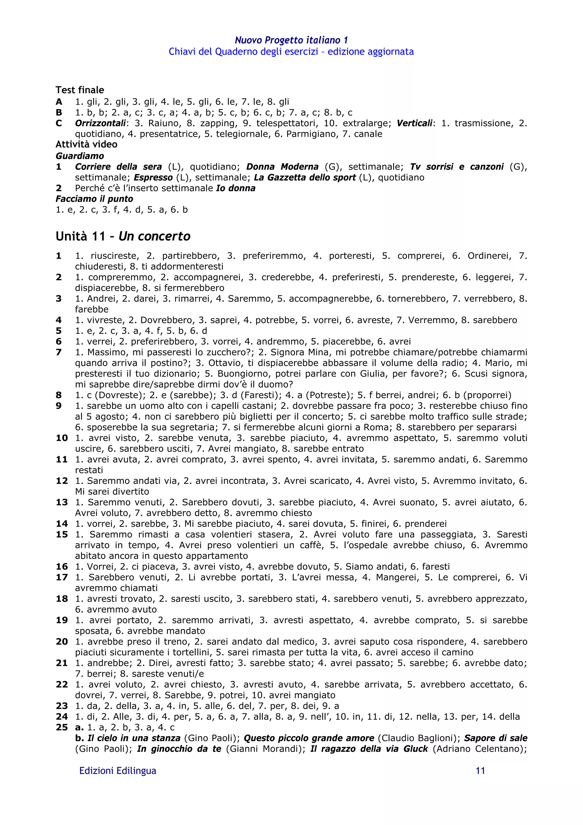 Chiavi del Quaderno: Nuovo Progetto italiano 1 | PDF